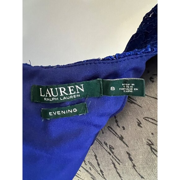 Lauren Ralph Lauren Evening Blue Lace Lined Mini Dress Date Fit Flair Open Back - Picture 7 of 13